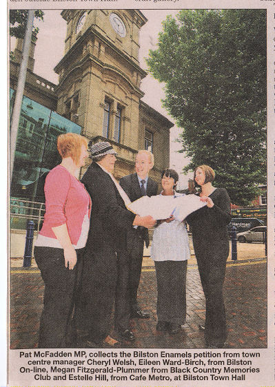 Pat McFadden MP, collects the Bilston Enamels petition from town centre manager Cheryl Welsh,